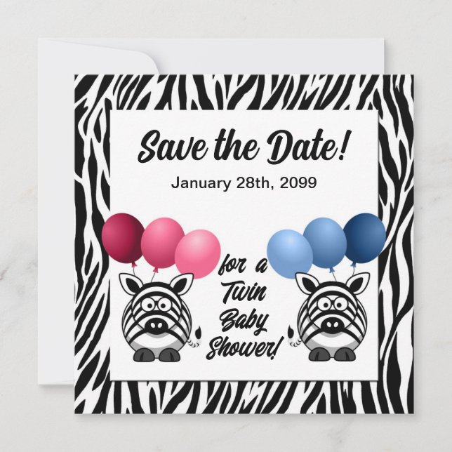 Zebra-brüderliche Zwillings-Baby-Dusche Save the Date (Vorderseite)