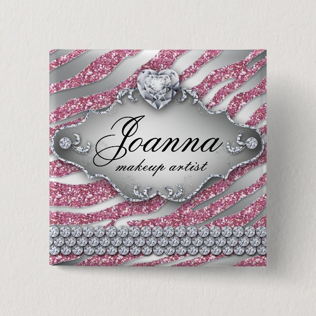 Zebra Button Name Tag Makeup Artist Pink Glitzer (Vorderseite)