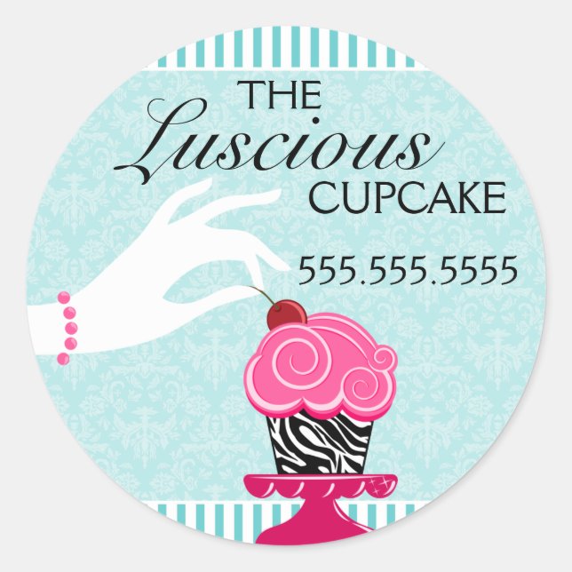 Zebra Cupcake Aquamarin Damask Bäckerei Siegel Runder Aufkleber (Vorderseite)