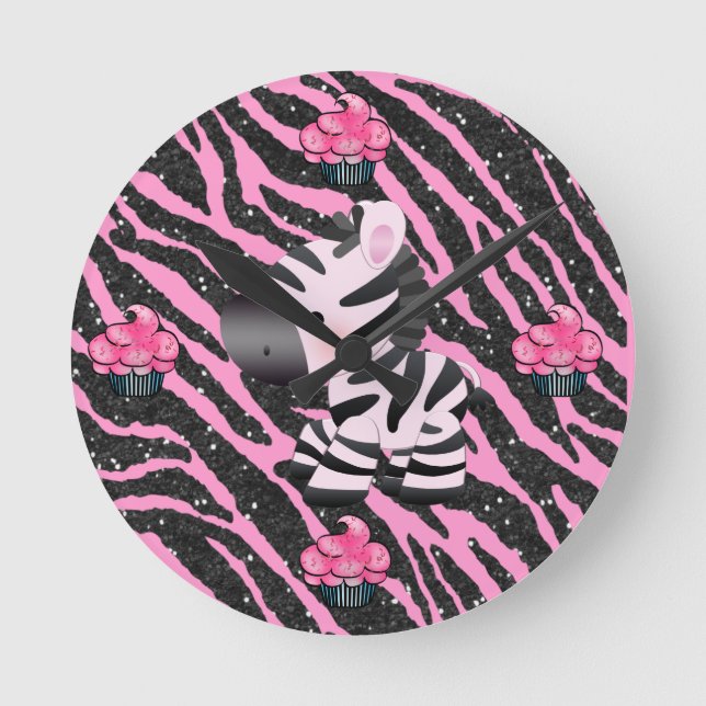 Zebra & Cupcakes Pink & Black Glitzer Tierdrucken Runde Wanduhr (Vorderseite)
