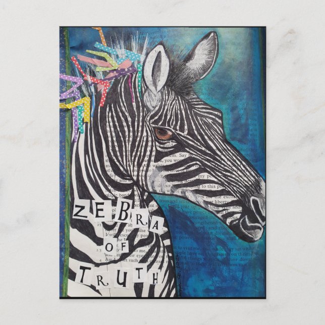 'Zebra der Wahrheit' Funky Mixed Media Postcard Postkarte (Vorderseite)