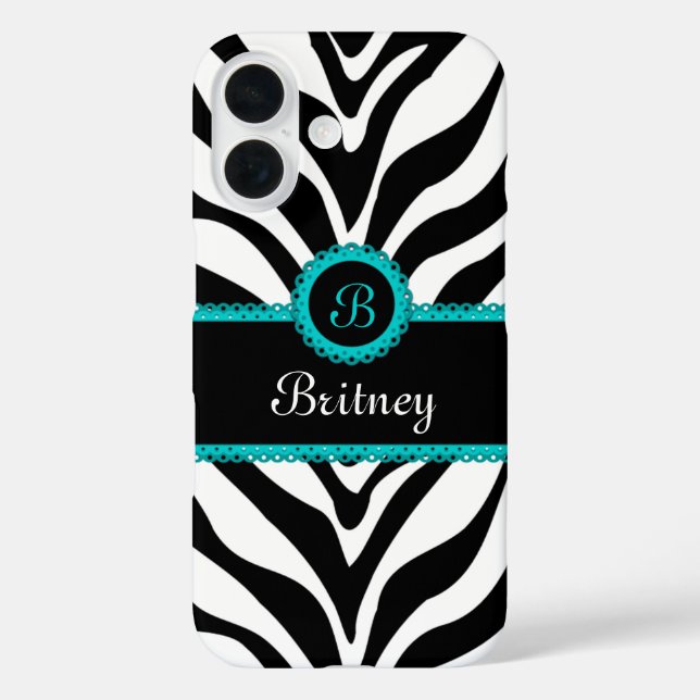 Zebra-Druck-Aqua-Spitze-Monogramm Case-Mate iPhone Hülle (Rückseite)