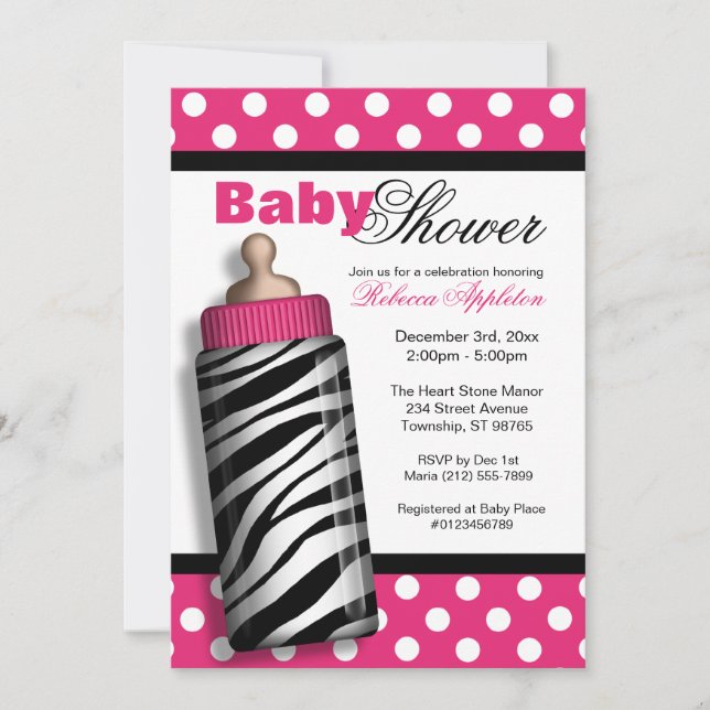 Zebra-Druck-Baby-Flaschen-Pink-Babyparty Einladung (Vorderseite)