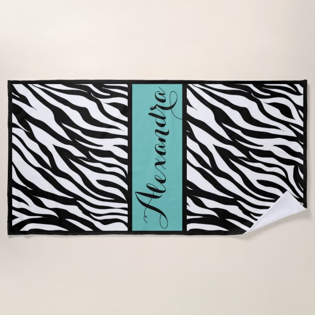 Zebra-Druck mit Aquamariner Monogramm Strandtuch (Vorderseite)
