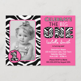 Zebra-Druck-Rosa-Mädchen-erster Geburtstag Einladung