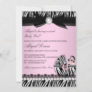 Zebra Druck & Schleife Baby Mädchen Baby Shower Einladung