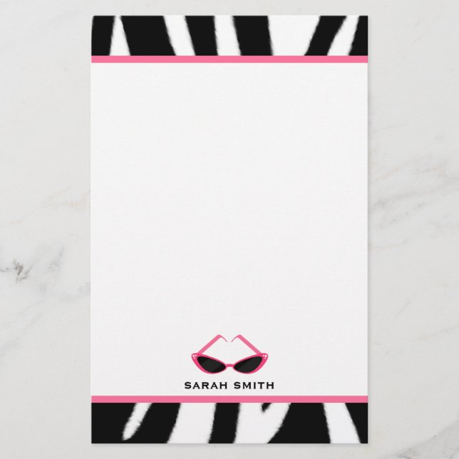 Zebra-Druck u. Retro rosa Sonnenbrille Briefpapier (Vorderseite)
