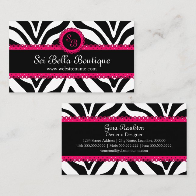 Zebra-Druck u. rosa Spitze-Monogramm Visitenkarte (Vorne/Hinten)