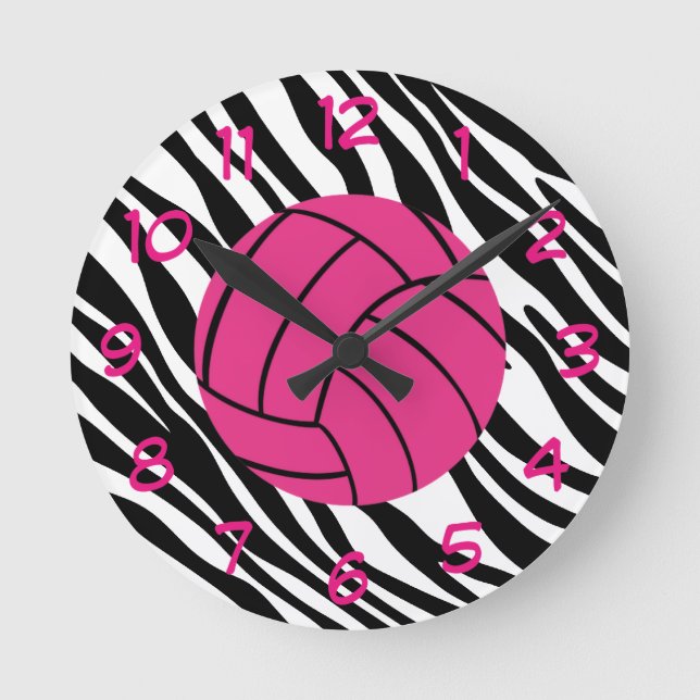Zebra-Druck und rosa Volleyball-Wanduhr Runde Wanduhr (Vorderseite)