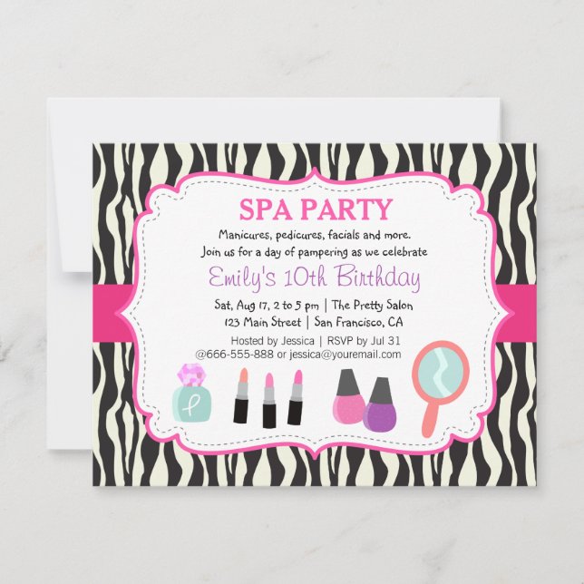Zebra-Druck-Wellness-Center-Geburtstags-Party Einladung (Vorderseite)