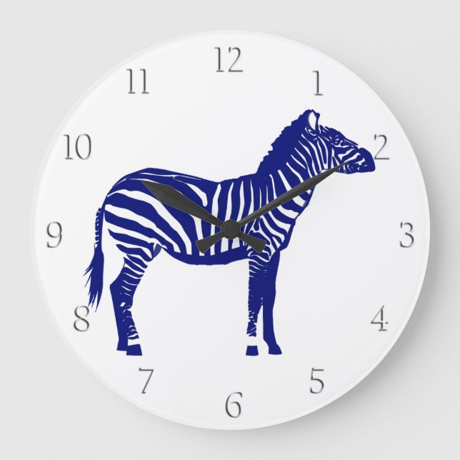 Zebra - Dunkles Kobalt Blau und Weiß Große Wanduhr (Vorderseite)