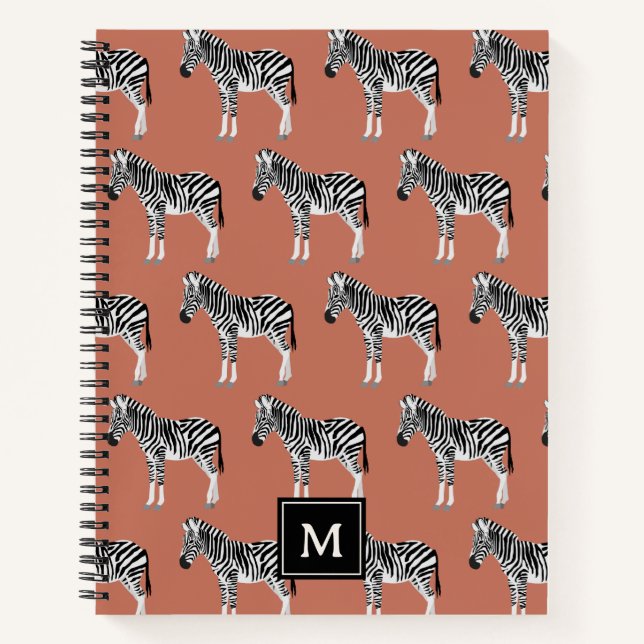 Zebra Exotic Animal Muster Terracotta Monogram Notizbuch (Vorderseite)