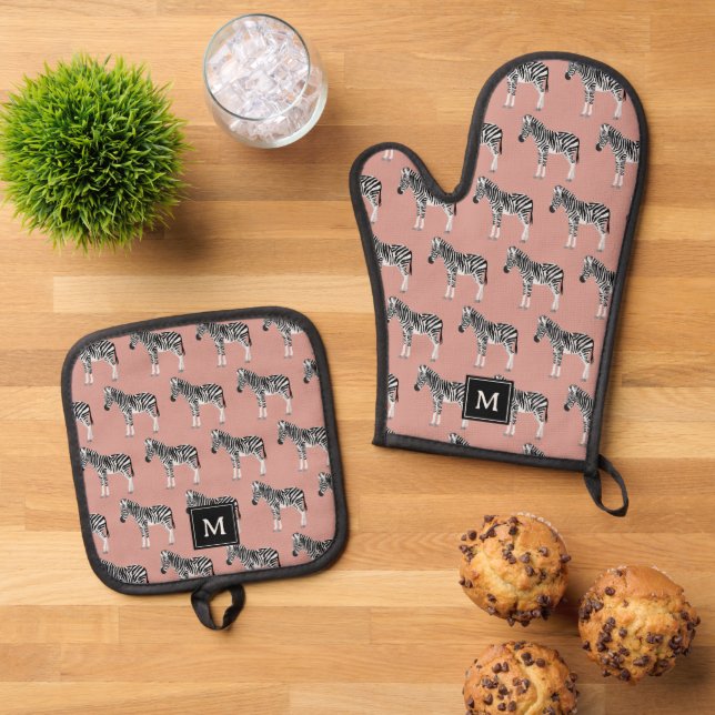 Zebra Exotic Animal Pattern Blush Pink Monogramm Ofenhandschuh & Topflappen-Set (Oben Unten)