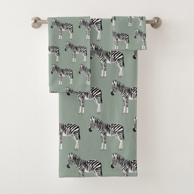 Zebra Exotic Animal Pattern Sage Green Badhandtuch Set (Insitu)