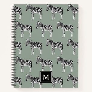 Zebra Exotic Animal Pattern Sage Green Monogram Notizbuch