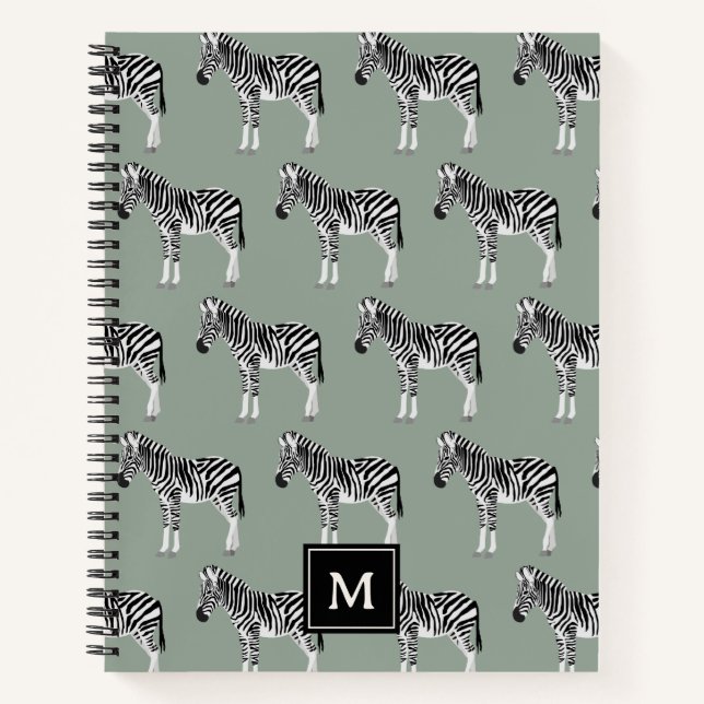 Zebra Exotic Animal Pattern Sage Green Monogram Notizbuch (Vorderseite)
