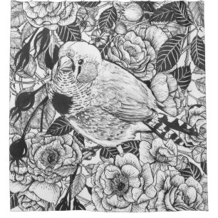 Zebra-Finch und Rose-Buschtinte zeichnend Duschvorhang
