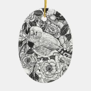 Zebra-Finch und Rose-Buschtinte zeichnend Keramik Ornament