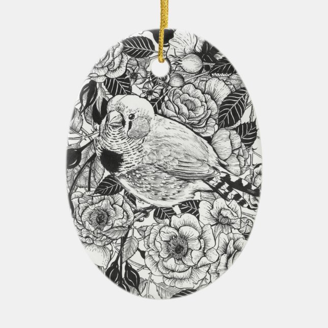 Zebra-Finch und Rose-Buschtinte zeichnend Keramik Ornament (Vorne)