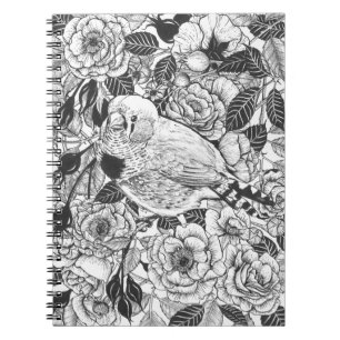 Zebra-Finch und Rose-Buschtinte zeichnend Notizblock