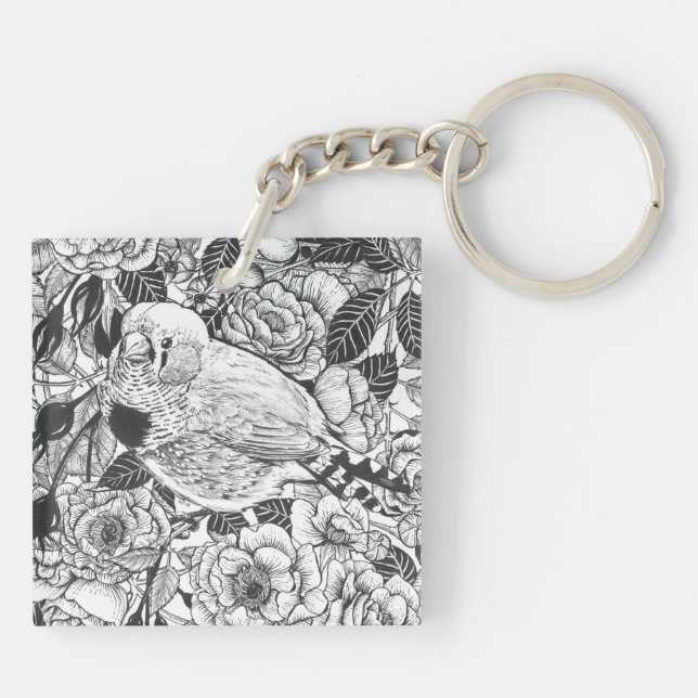 Zebra-Finch und Rose-Buschtinte zeichnend Schlüsselanhänger (Rückseite)