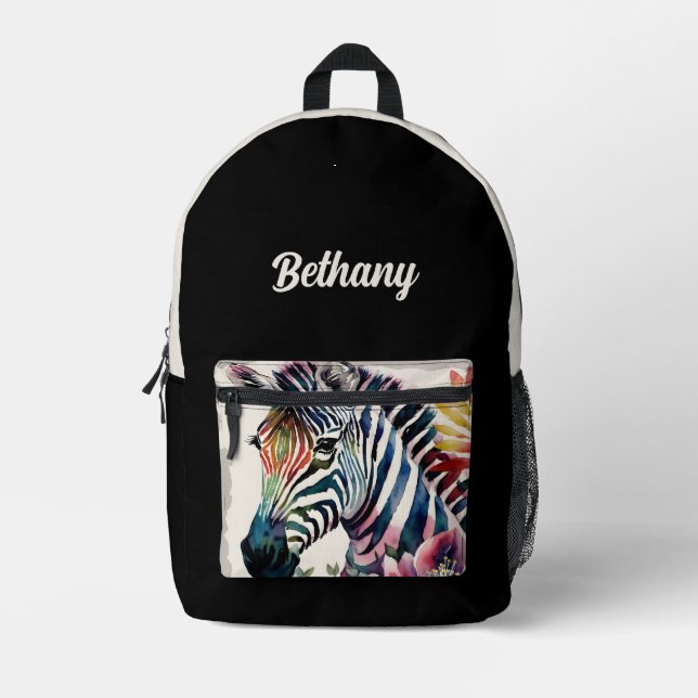 Zebra Floral Watercolor Art Black Beige Bedruckter Rucksack (Vorderseite)