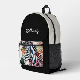 Zebra Floral Watercolor Art Black Beige Bedruckter Rucksack