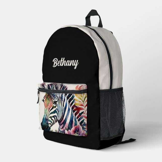 Zebra Floral Watercolor Art Black Beige Bedruckter Rucksack (Rückseitige Ecke Rechts)