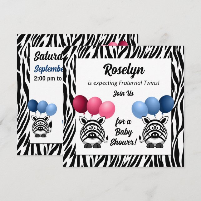 Zebra Fraternal Twins Pink und Blue Baby Dusche Einladung (Vorne/Hinten)