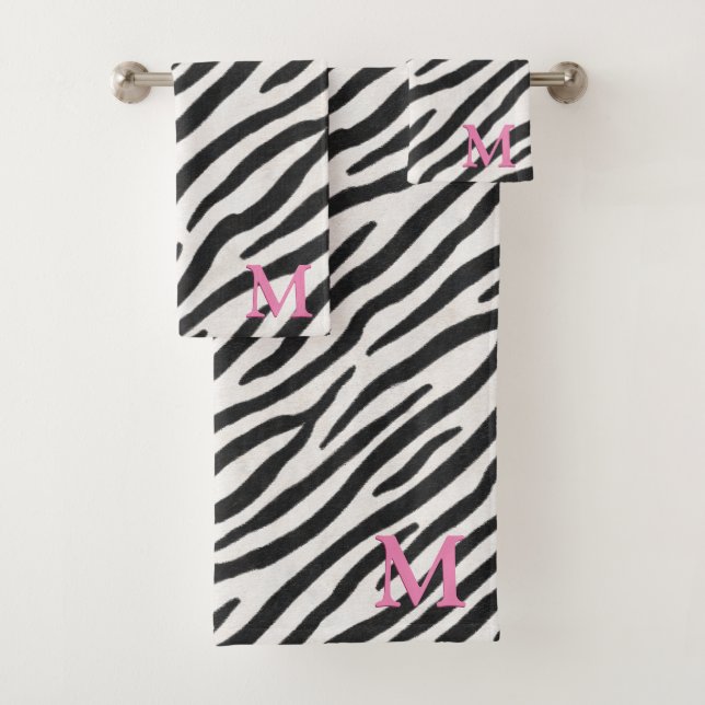 Zebra Fur Realistisches Pink-Monogramm Badhandtuch Set (Insitu)
