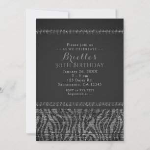 Zebra Glitz Silber & Schwarz Glam Party Einladung