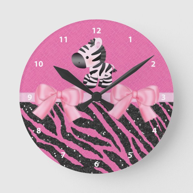 Zebra, Glitzer u. Bögen rosa u. schwarzer Runde Wanduhr (Vorderseite)