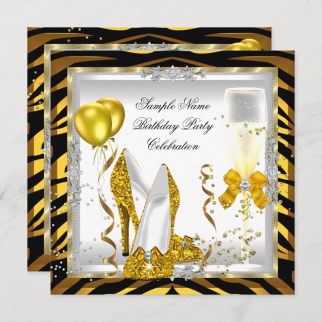 Zebra Gold Glitzer Heelse Yellow Birthday Party Einladung (Vorne/Hinten)