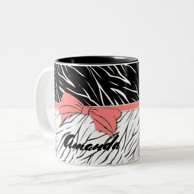 Zebra-Haut Schwarz-weiße Tigerstreifen pink Zweifarbige Tasse (Vorderseite Links)