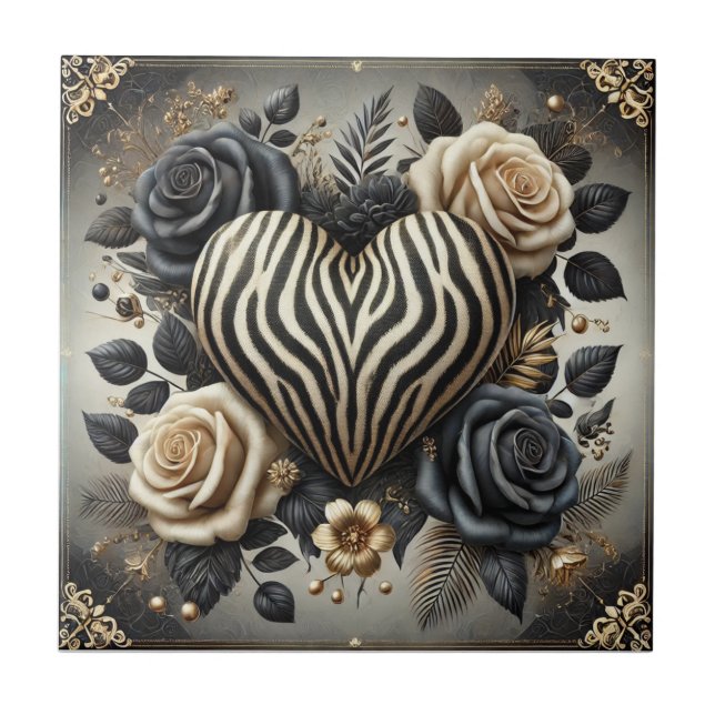 Zebra-Herz & Rose Glam-Keramikfliese Fliese (Vorderseite)