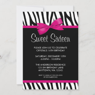 Zebra Hot Pink gedruckte Schleife Sweet 16 Geburts Einladung
