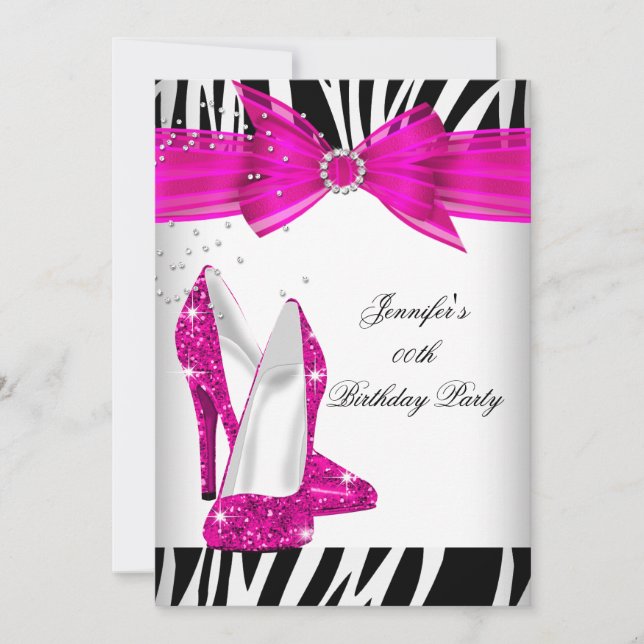 Zebra Hot Pink High Heel Shoe Black Birthday Party Einladung (Vorderseite)