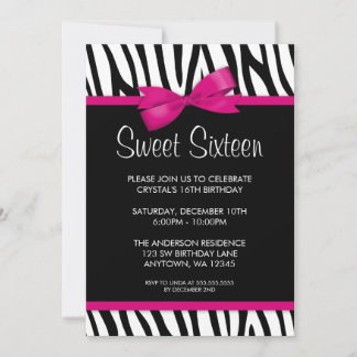 Zebra Hot Pink Printed Bow Sweet 16 Geburtstagspar Einladung
