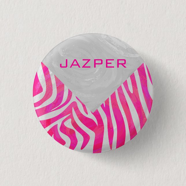 Zebra Hot Pink und Weiß mit Monogramm Button (Vorderseite)