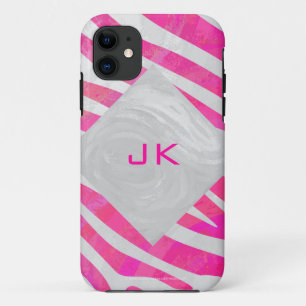 Zebra Hot Pink und Weiß mit Monogramm iPhone 11 Hülle