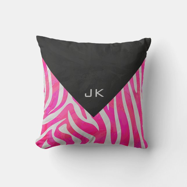 Zebra Hot Pink und Weiß mit Monogramm Kissen (Vorderseite)