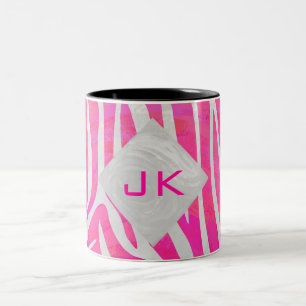 Zebra Hot Pink und Weiß mit Monogramm Zweifarbige Tasse