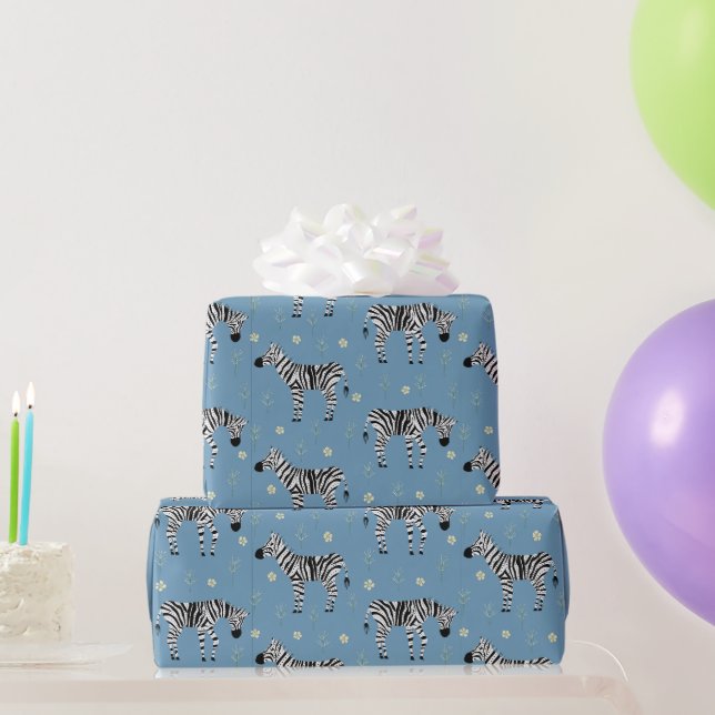 Zebra im Savannen-Safari-Muster auf Hellblau Geschenkpapier (Partygeschenke)