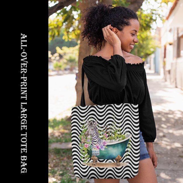Zebra in Tub Schwarz-weiße Wavy Stripes Psychedeli (Zebra in Tub Black White Wavy Stripes Psychedelic Tote Bag, large bag, all-over-print bag, shopping)