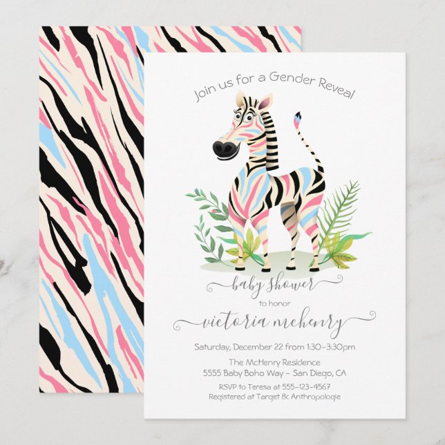 Zebra Jungle Gender Reveal Baby Shower Einladung (Vorne/Hinten)