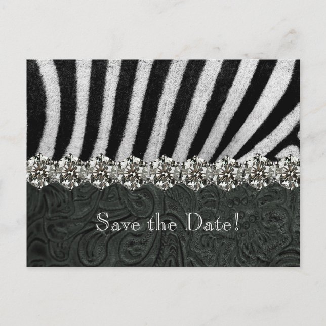 Zebra Kristall Black Leather Save the Date Ankündigungspostkarte (Vorderseite)