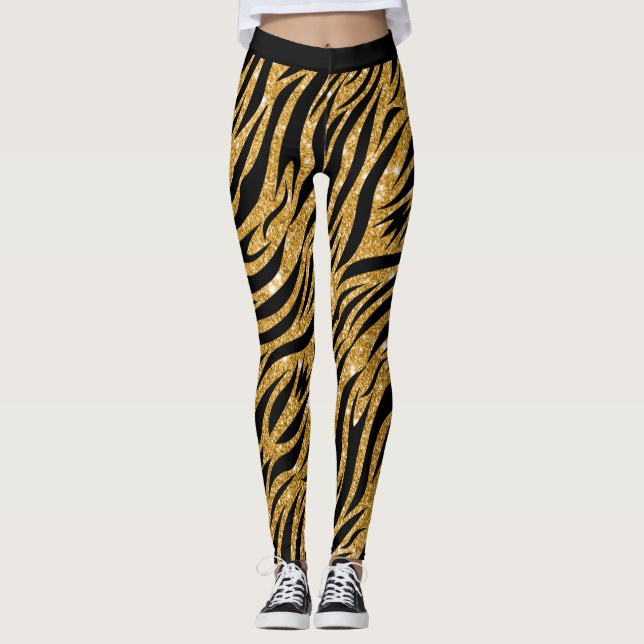 Zebra Leggings Womens, Gold Glitzer Look und Black (Vorderseite)