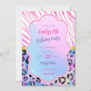 Zebra Leopard Geburtstagseinladung Neon Rosa Lila Einladung