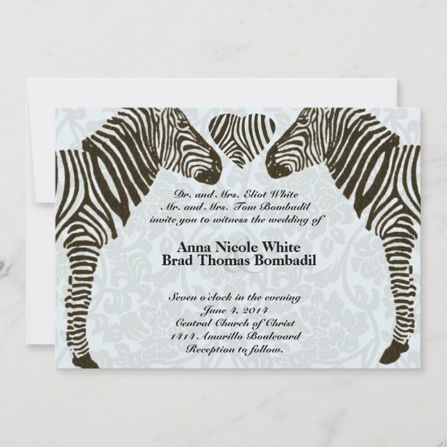 Zebra Liebe Blue Damask Style Einladung zur Hochze (Vorderseite)