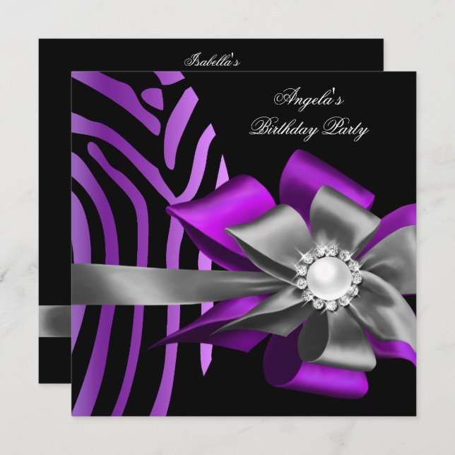 Zebra Lila Black Silver Bow Pearl Birthday Einladung (Vorne/Hinten)